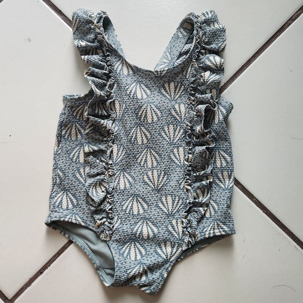 H&M Light Blue Shell-Print Ruffle Swimsuit
